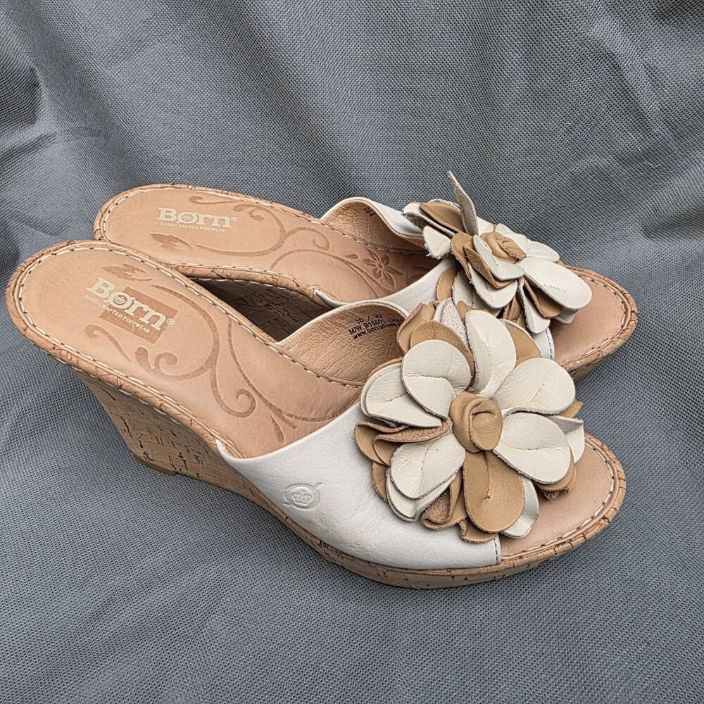 BORN Size 10 Leather Floral Wedge Sandals Shoes Beige Tan Artsy Platform Heels